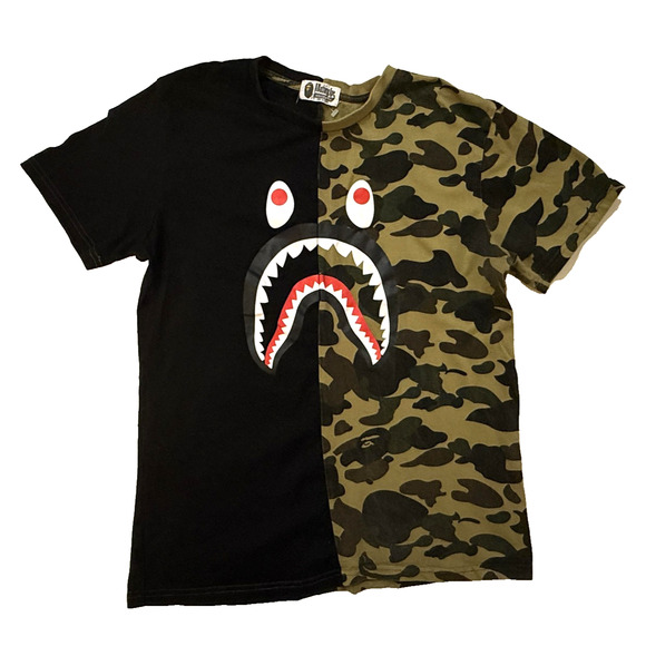 A Bathing Ape BAPE Shirt Mens Medium Black Camo Shark Split WGM Graphic Tee - Picture 1 of 8